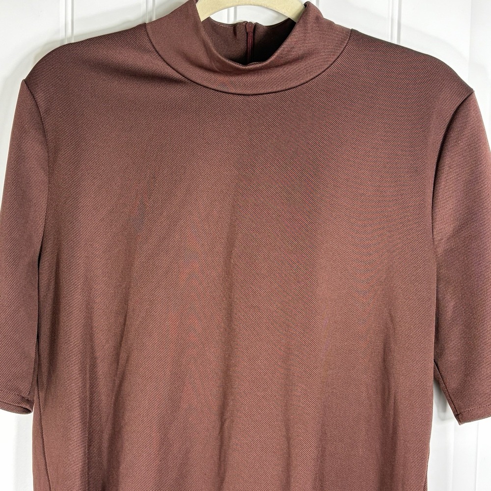 Zara Women's Medium Chocolate Brown Mock Neck Short Sleeve High Low Top - Picture 3 of 7